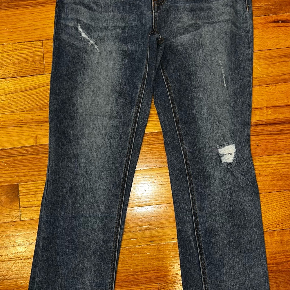 Vintage Blue Straight Leg Jeans with Distressed Details